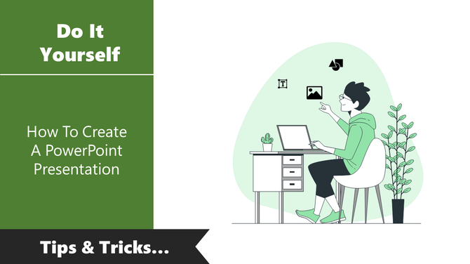 Creative slide design with a person at a desk interacting with design elements to show how to make a presentation.