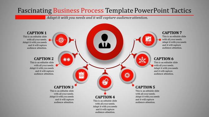 Business process flow with a central red circle for the user, leading to seven red circles for process steps with icons.