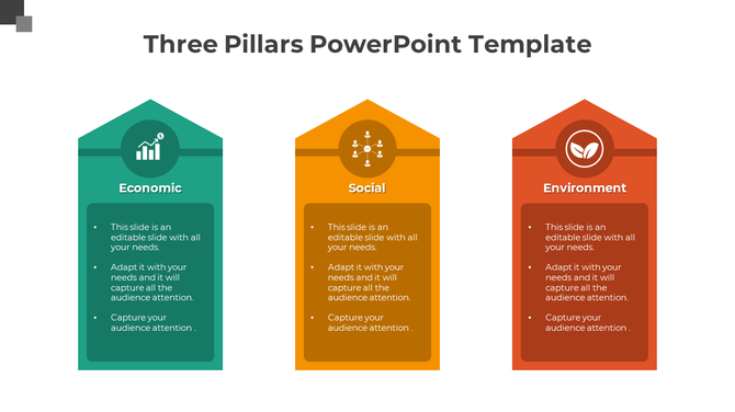 Slide showcasing Economic, Social, and Environmental colorful pillars with icons and customizable text areas.