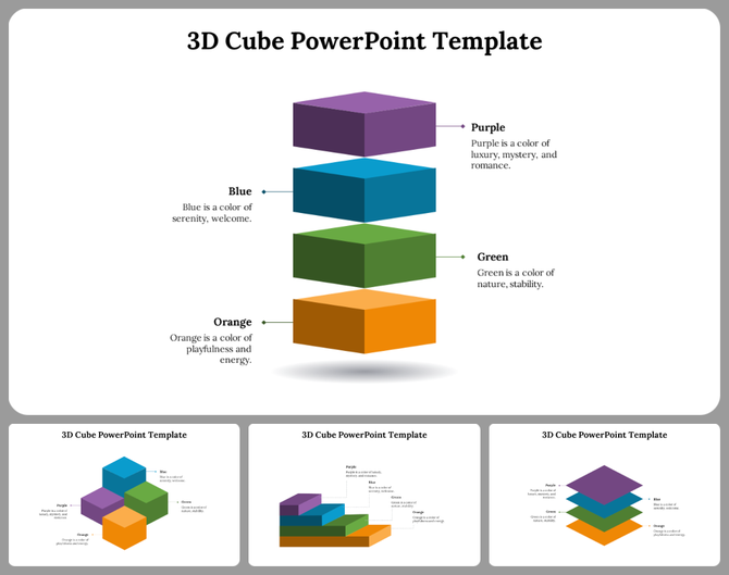 Stacked 3D cubes slide deck in purple, blue, green, and orange with labels describing their associated colors and meanings.