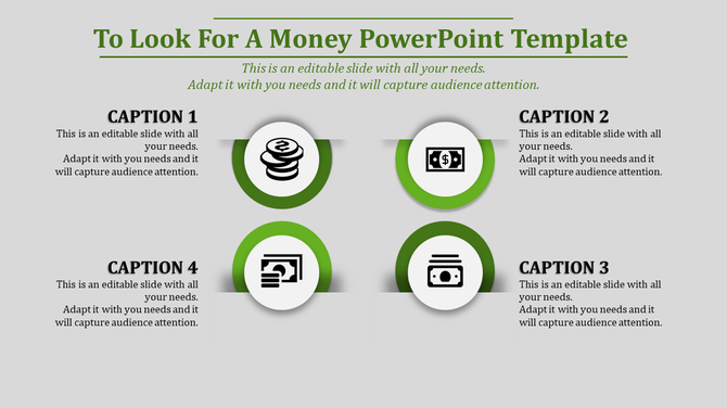 A PowerPoint template featuring circular icons for various financial concepts, each with a caption on money related topics.