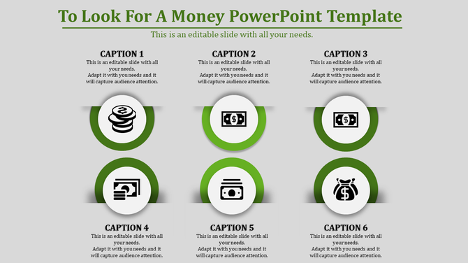 Six circular icons with money symbols in green borders, arranged in two rows with captions, on a light gray background.