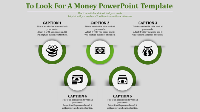 Money themed slide with five circular green icons, each representing a different financial symbol.