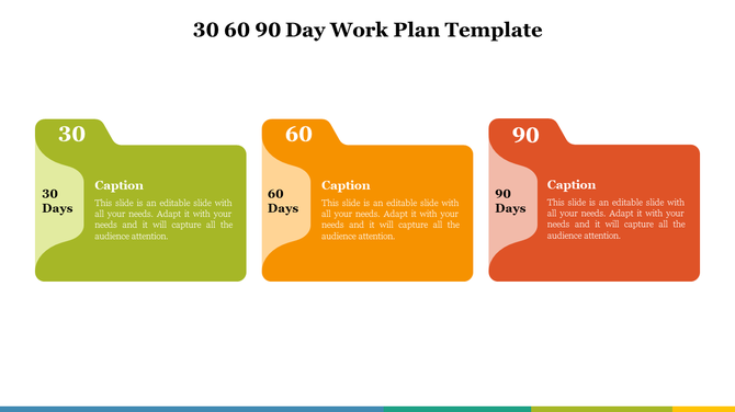 A colorful 30 60 90 day work plan template with sections for each phase of a work schedule with captions on a white backdrop.