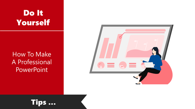 Presentation tips slide with red panel on left and a chart-filled screen on right next to a seated female character.