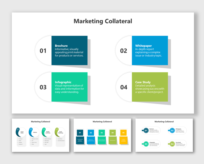 Slide detailing four marketing collateral types brochure, whitepaper, infographic, and case study with different layouts.