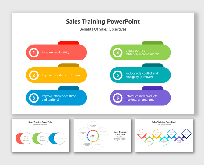 Sales training slide pack with colorful blocks, and process flow diagrams displayed in various layouts.