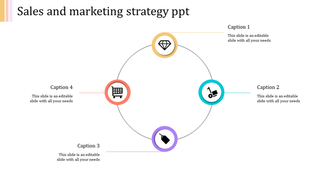 Circular diagram with four colored icons in yellow, teal, purple, and orange, representing elements of marketing strategy.