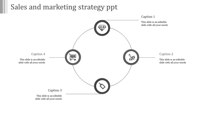 Gray circular infographic with four icons in a circular flow connected to captions for sales and marketing strategy.