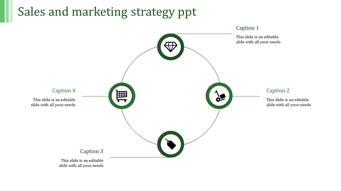 Slide with four green icons in a circular pattern connected by lines, showcasing sales and marketing symbols.