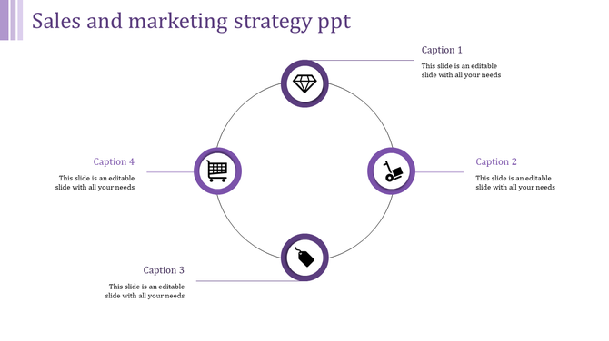 Sales and marketing strategy diagram featuring a circular flow with four key icons representing different business aspects.