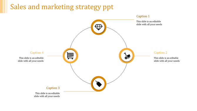 A slide showing sales and marketing strategy with icons for shopping cart, diamond, and price tag in a circular design.