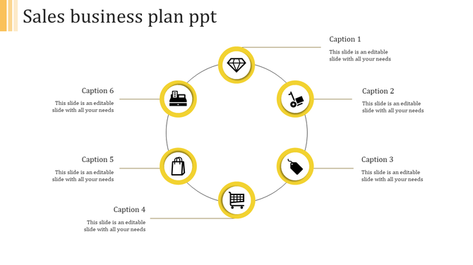 Sales planning infographic with an eight-icon yellow circular flow, each aspects of sales, connected to labeled captions.