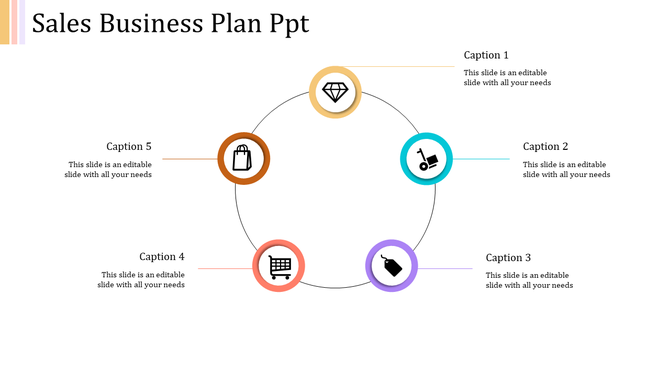 A sales business plan PowerPoint slide featuring circular icons representing different stages and elements of sales.