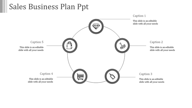 Sales plan PowerPoint template featuring six sections with relevant icons and captions.