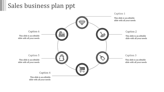 Sales business plan slide with circular icons and caption sections with placeholder text.