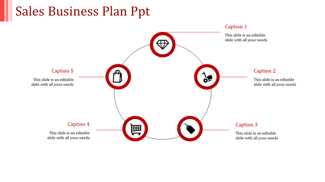 Minimalist sales marketing strategy template with a diamond icon to red icons representing sales and logistics elements.