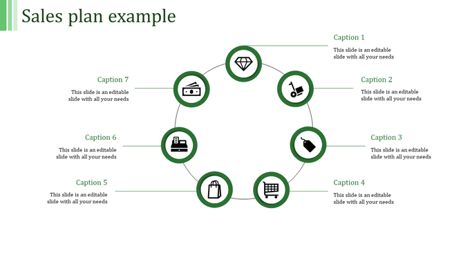Sales plan template featuring eight sections with green circular icons and captions.