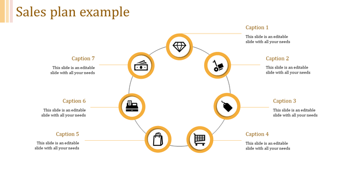 Sales plan example slide with circular icons and captions with placeholder text.