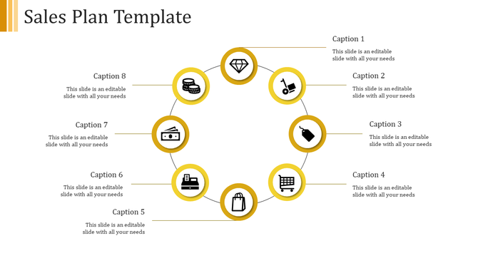 Sales planning infographic with an eight-icon circular flow, each different aspects of sales, connected to captions.
