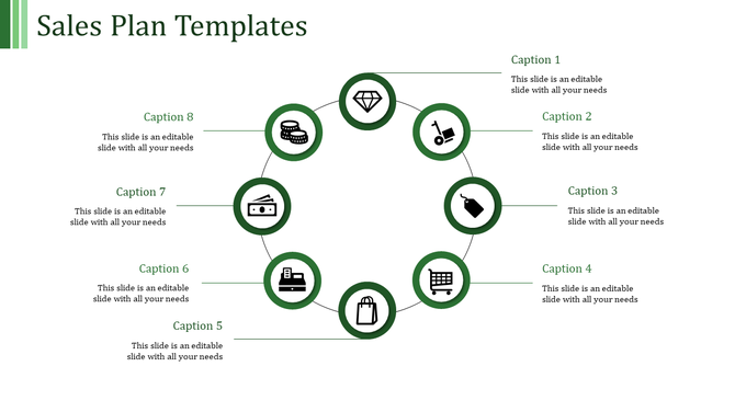 Sales planning infographic with an eight-icon circular flow, each different aspects of sales, connected to labeled captions.