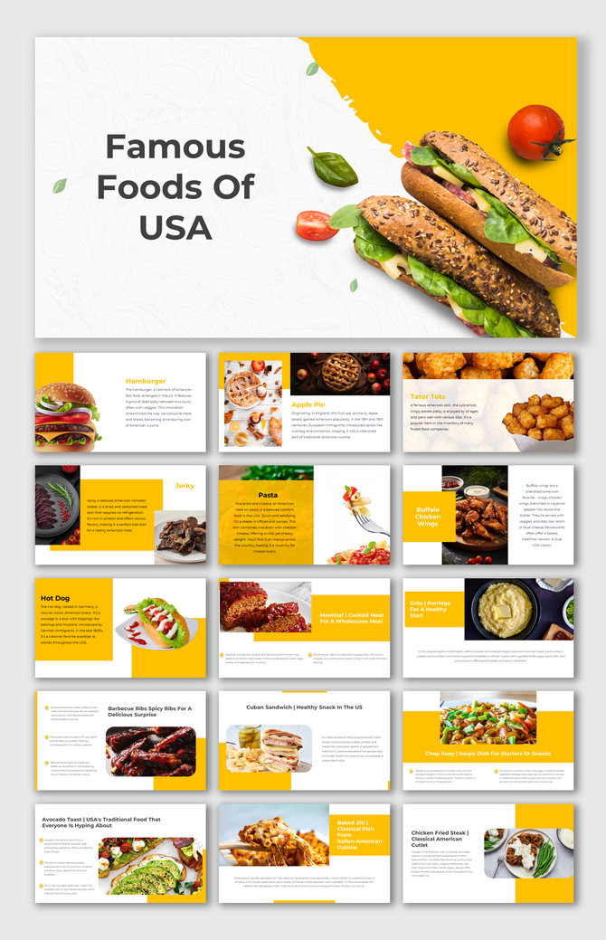 Slides showcasing 15 iconic American foods, from hamburgers and tater tots to buffalo wings and apple pie on a yellow theme.