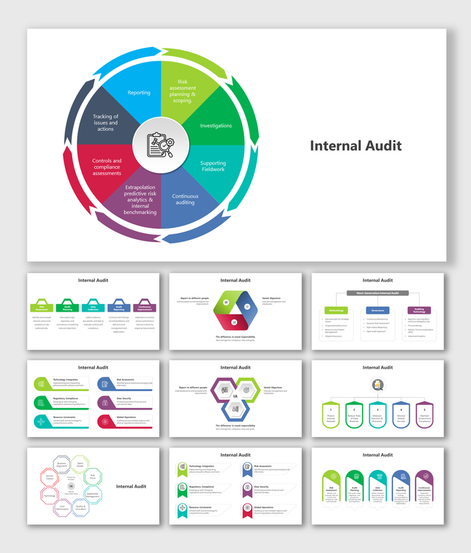 A pack of internal audit processes slides illustrated with various diagram models and colorful layout designs.