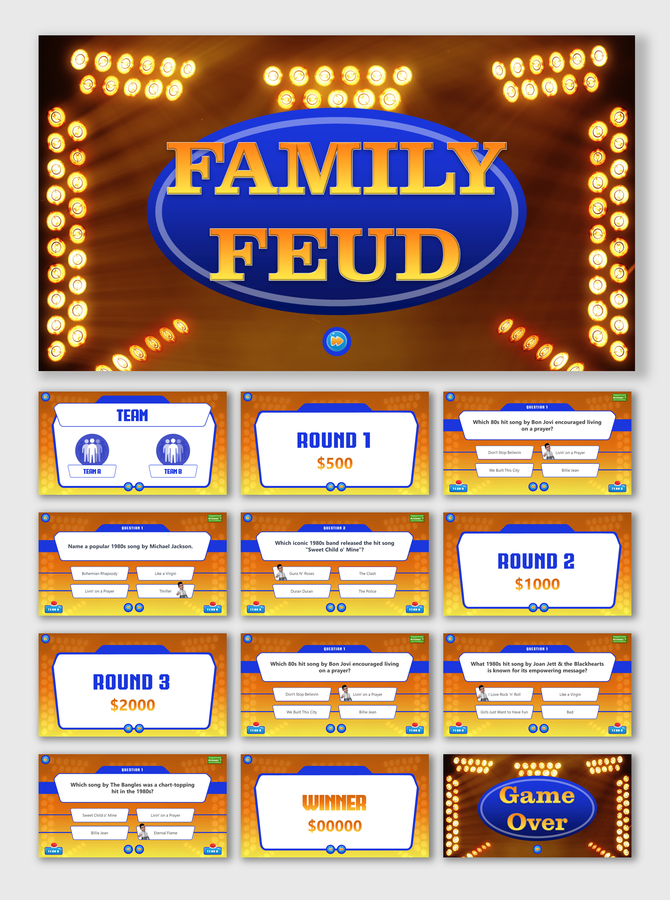 Family Feud template with a bright, game show theme featuring question rounds, team setup, and winning and game over slides.