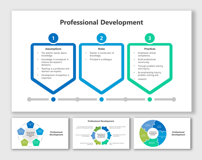 Professional slides featuring blue and green outlines, process diagrams, and circular charts with minimalistic layouts.