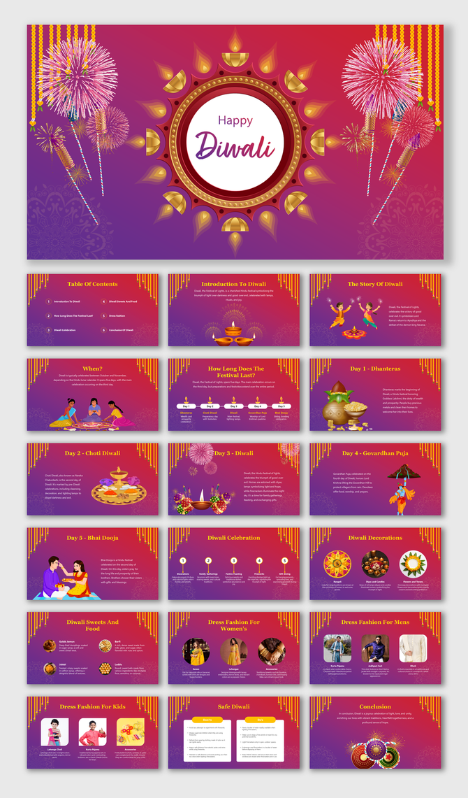 Festive Diwali featuring firecrackers, celebration visuals, traditional attire, sweets, and five day event breakdown.