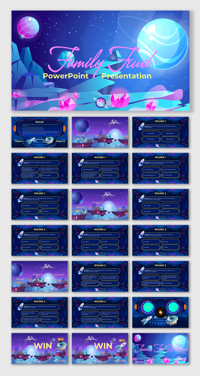 Family Feud game slide deck with galaxy backdrop, multiple-choice questions, round transitions, and final score slides.
