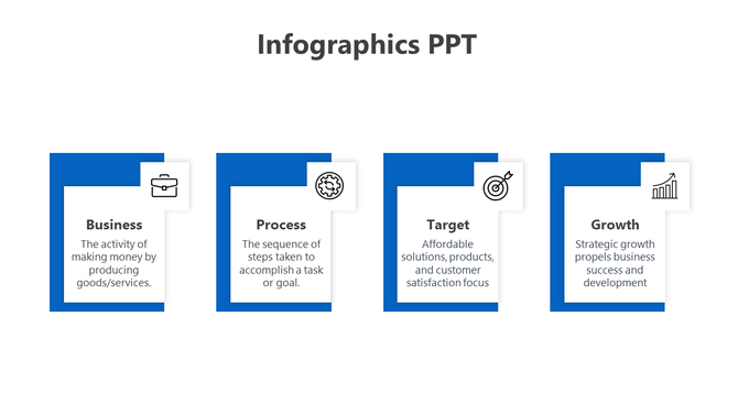 Infographic with four blue cards labeled Business, Process, Target, and Growth, each with icons in white corner boxes.