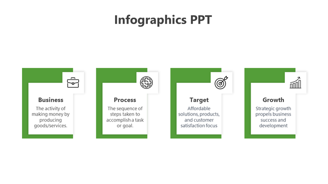Infographics PowerPoint slide with four green color box Business to Growth sections, each with a corresponding icon.