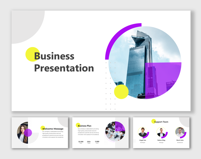 White background slides with bold title, circular photo overlays, business stats, welcome message, and team section.