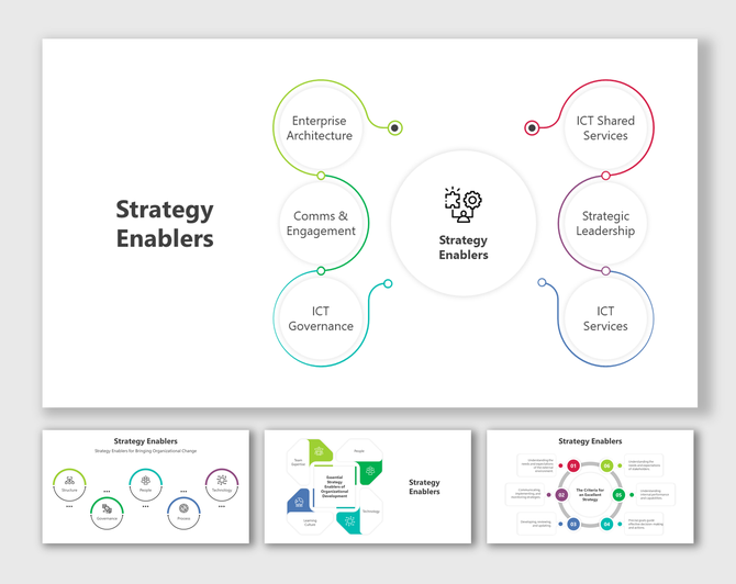 Pack of slides with colorful circular nodes, icons, and text boxes in green, teal, red, and blue on a white background.