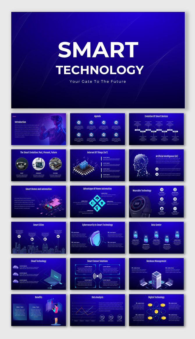 Smart technology slide deck featuring diagrams, charts, and icons in a futuristic blue color scheme.