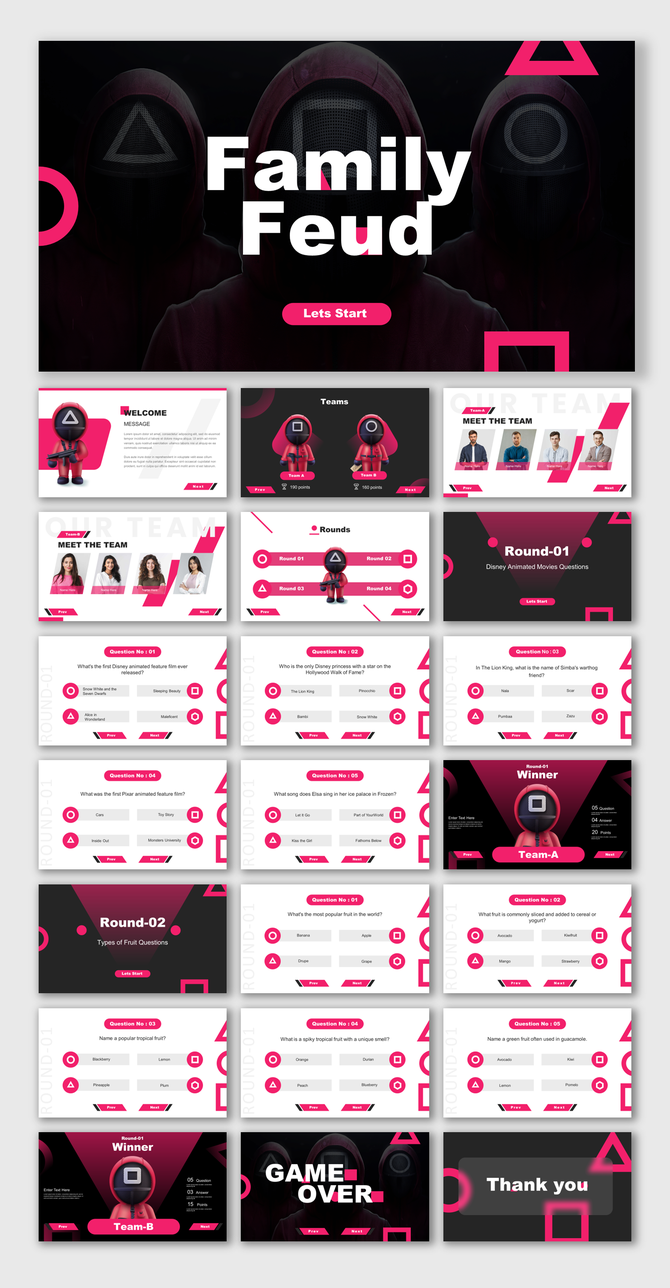 Family Feud themed slide deck featuring dark and pink aesthetics with game-themed graphics and multiple quiz question slides.