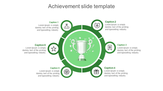 Achievement  template with a central trophy image, surrounded by six green circles with icons, and placeholder text.