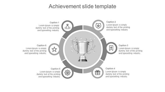 Circular achievement slide with a central trophy icon surrounded by six labeled captions with icons in grayscale.