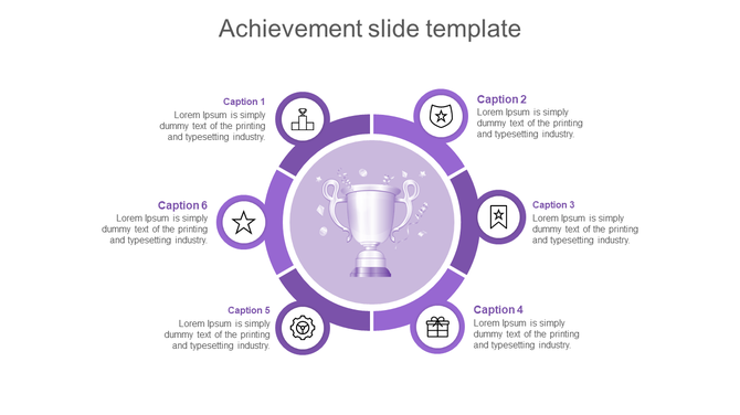 Purple trophy at the center surrounded by six circular achievement icons in a radial layout with caption areas.