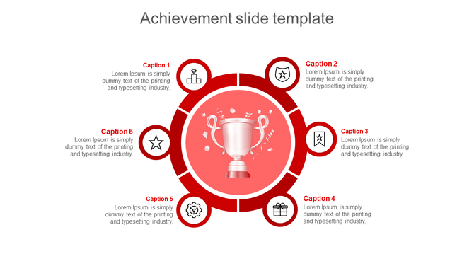Slide for displaying achievements with a red background, a trophy in the center, and six icons related to awards.