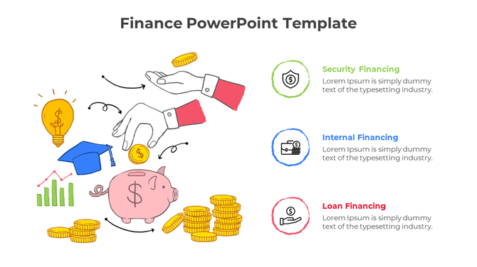 Finance PowerPoint template showcasing security, internal, and loan financing with relevant icons with placeholder text.