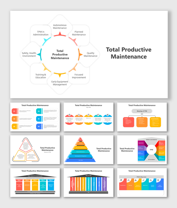 Circular infographic displaying total productive maintenance with eight labeled segments surrounding a central placeholder.