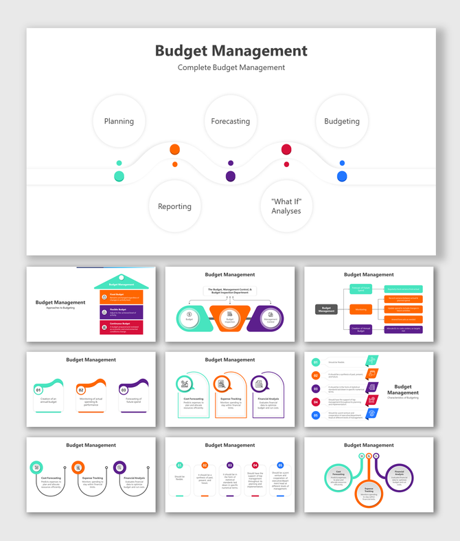 Budget management PowerPoint slides showing the phases with different colorful layout designs with icons and descriptions.