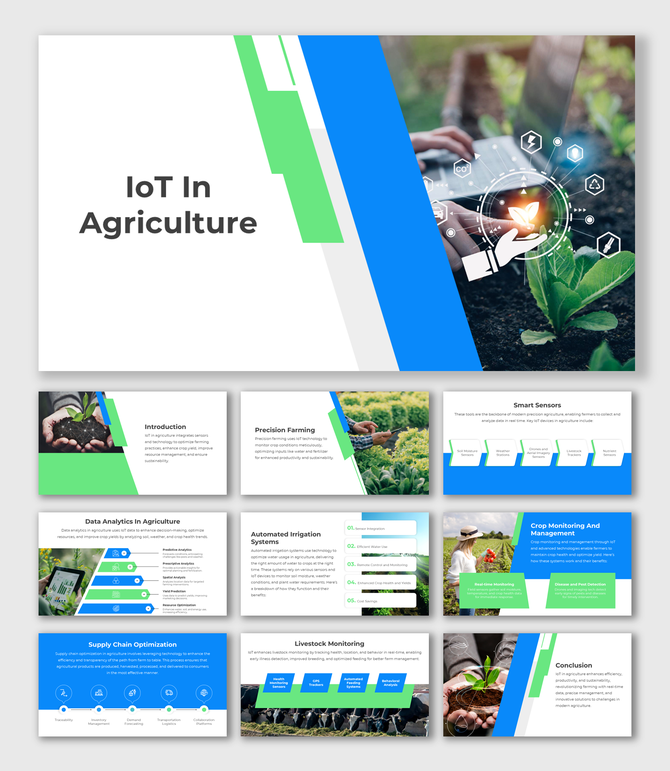 Slide deck featuring sections on smart sensors, precision farming, and data analytics with vibrant green and blue accents.