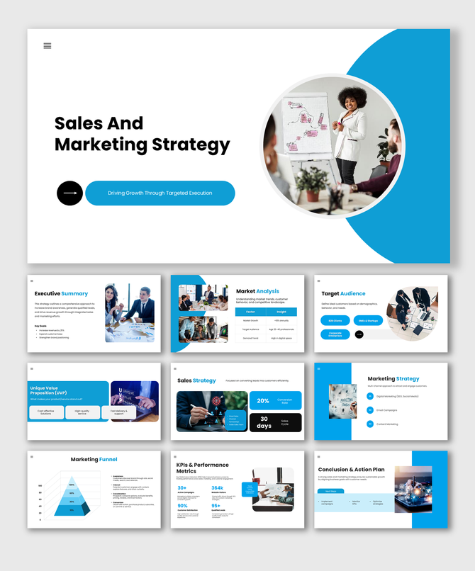 Sales and marketing strategy PPT with goals, target audience, funnel, KPIs, and growth-focused execution plan.