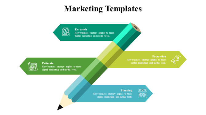 Diagram with a pencil graphic and four pointed green banner displaying marketing stages from research to planning with icons.