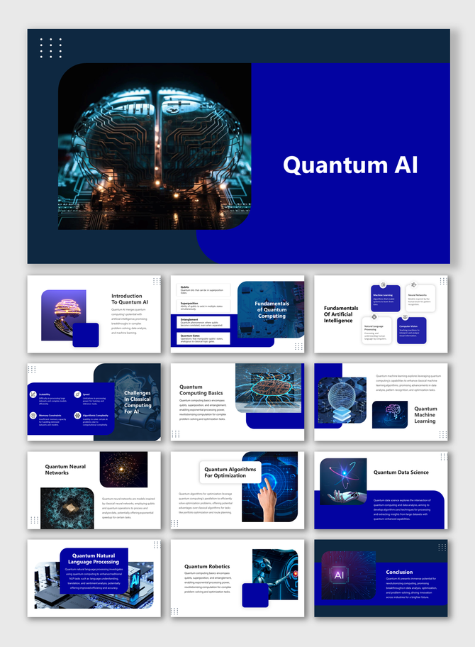 Quantum AI concept slide deck with an illuminated brain circuit and bold text on a blue background.