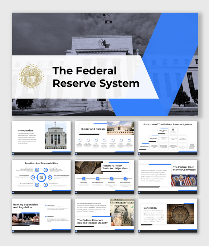 Federal reserve system slide deck with blue accents, covering structure, functions, history, and monetary policy tools.