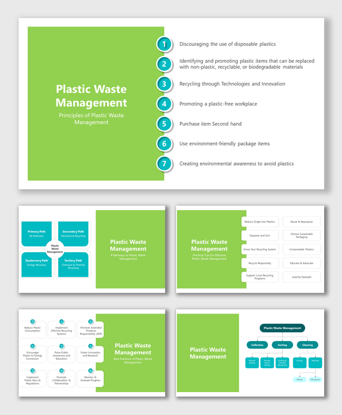 Set of slides focused on plastic waste management, with listing key principles and additional slides exploring pathways.